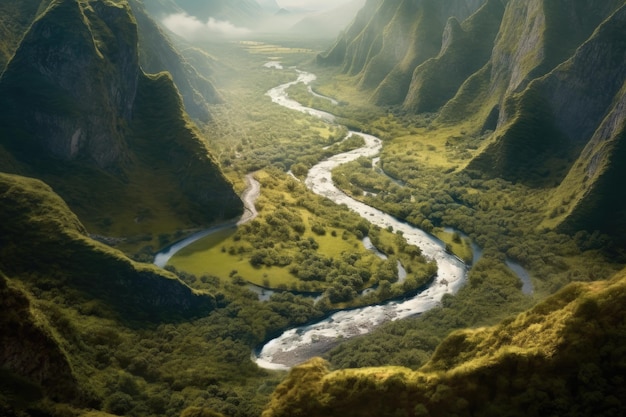 Atemberaubender Blick von oben auf einen sich windenden Fluss durch ein Tal, das mit generativer KI geschaffen wurde
