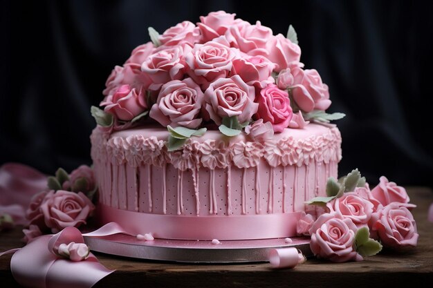 Atemberaubender Geburtstagskuchen mit rosa Glasur und Rosen bedeckt