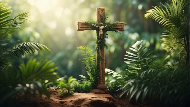Atemberaubender Palm-Sonntag-Hintergrund mit religiösem Holzkreuz und Palmblättern