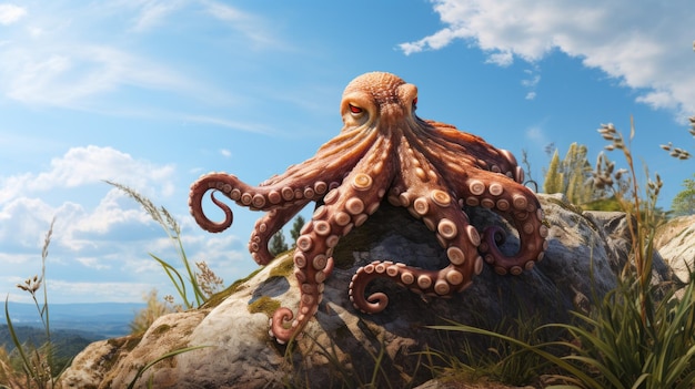 Foto atemberaubender realistischer oktopus auf dem felsen hyperdetaillierte darstellung