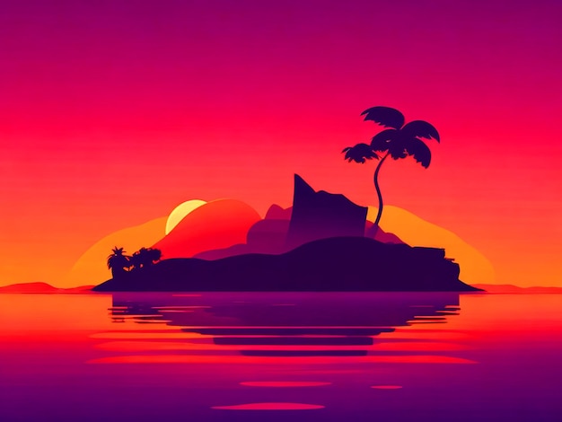 Atemberaubender Sonnenaufgang hinter einer kleinen Insel Vektor-Stil Tapete hd Qualität kostenloses Bild heruntergeladen