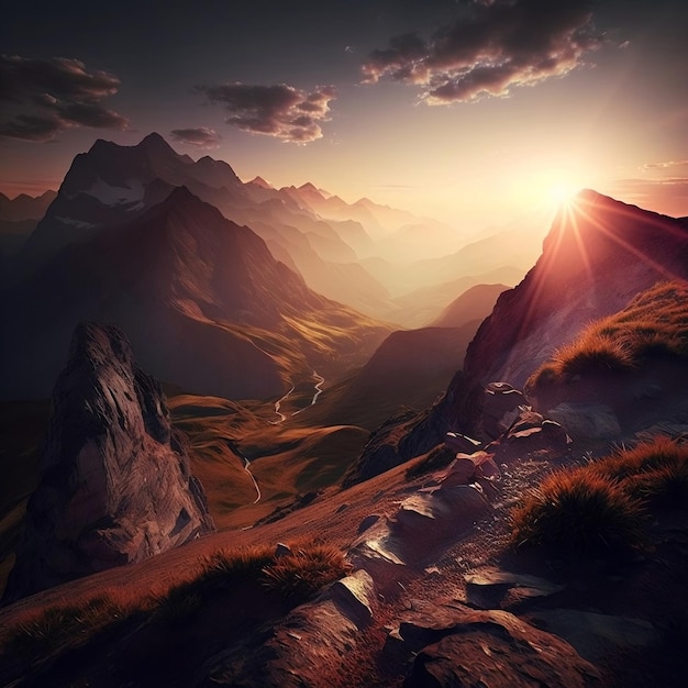 Atemberaubender Sonnenaufgang über den hohen Bergen der Alpen Generative Ai