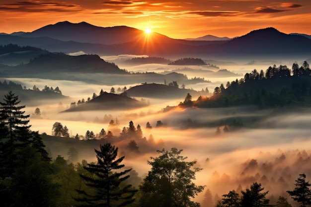 atemberaubender Sonnenaufgang über den nebligen Bergen, professionelle Werbefotografie