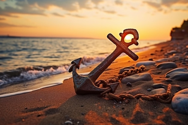 Atemberaubender Sonnenuntergangsstrand mit Ankersilhouette, leicht erkennbares Archivbild mit generativer KI