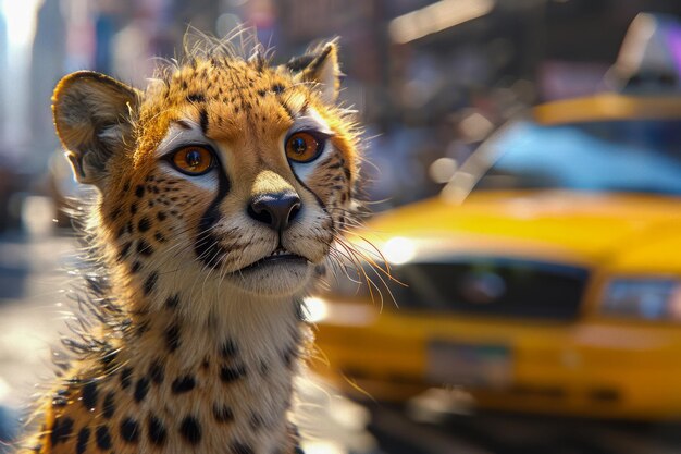 Atemberaubender städtischer Gepard posiert vor einem verschwommenen gelben Taxi auf einer belebten Stadtstraße.