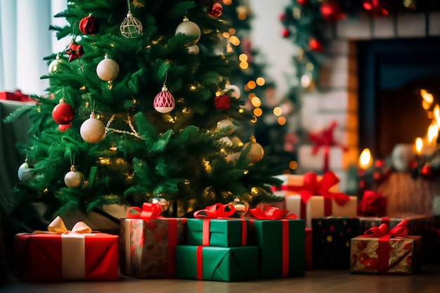 Atemberaubender Weihnachtsbaum, geschmückt mit funkelnden Perlen, umgeben von festlich verpackten Geschenken