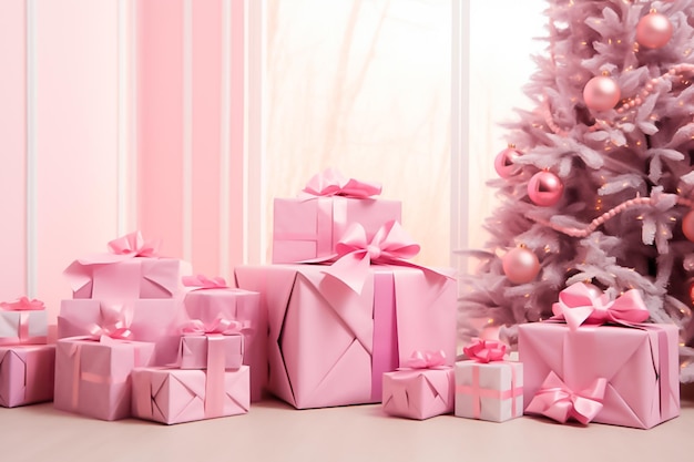 Atemberaubender Weihnachtsbaum, geschmückt mit funkelnden Perlen, umgeben von festlich verpackten Geschenken