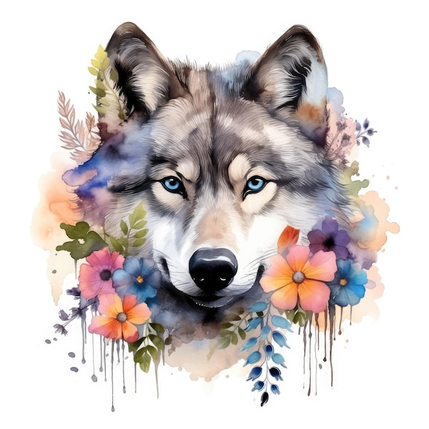 Atemberaubender Wolf im Aquarellstil. Eine Vision von Schönheit in einem Blumenwunderland