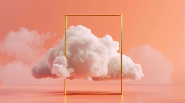 Atemberaubendes 3D-Rendering mit einer weißen flauschigen Wolke, die durch den goldenen Rahmen fliegt Modernes minimalistisches Galerie-Konzept mit einem pfirsichigen Hintergrund