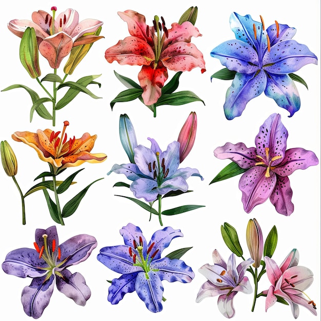 Atemberaubendes Aquarellpaket mit Liliebuketten, einzelnen Blüten und Elementen