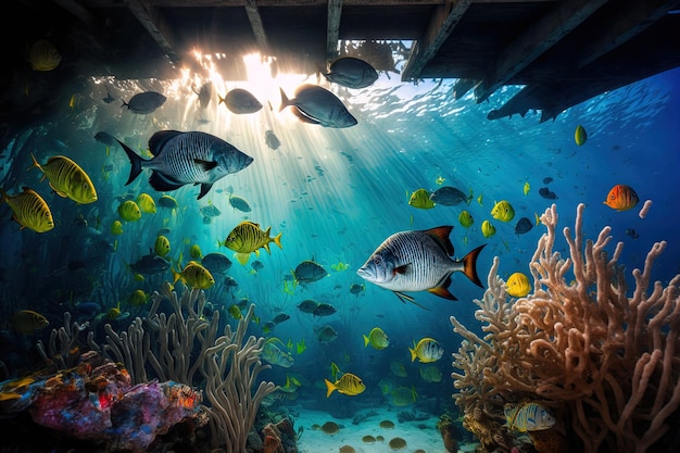 Atemberaubendes Bild einer mit tropischen Fischen gefüllten Unterwasserwelt auf Caye Caulker Island