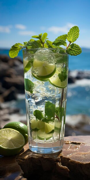 Atemberaubendes Foto eines Cocktail-Mojito an einem sonnigen Sommerstrand im Hintergrund