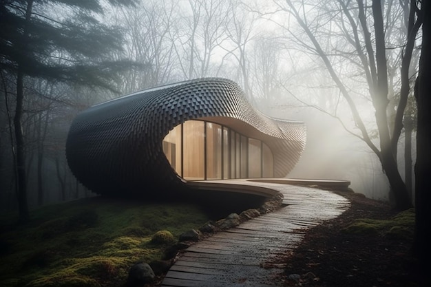 Atemberaubendes futuristisches Chicken-Nugget-Haus mit magischer, nebliger Waldumgebung