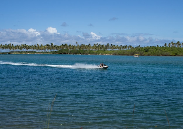 atemberaubendes Jetski-Segeln am atemberaubenden Strand an einem sonnigen Tag