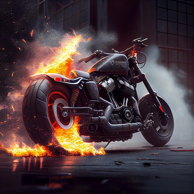 Atemberaubendes klassisches Motorrad auf Feuer, epischer Chopper oder Scrambler-Motorrad