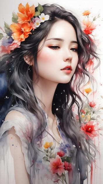 Atemberaubendes Mädchen mit Blumenfarben in Aquarellmalerei