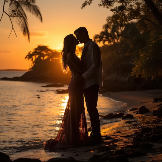 Atemberaubendes Sonnenuntergangsfoto des Paares, das einen leidenschaftlichen Kuss teilt