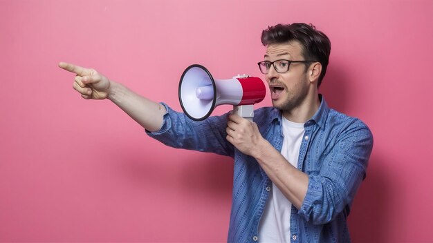 Atenção homem europeu com megafone apontando dedo para a esquerda em fundo rosa