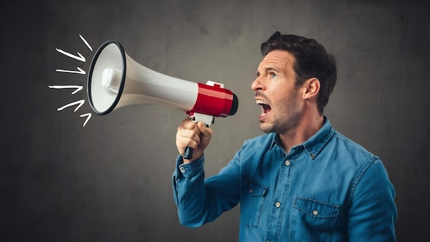 Atenção homem europeu gritando em megafone em fundo preto