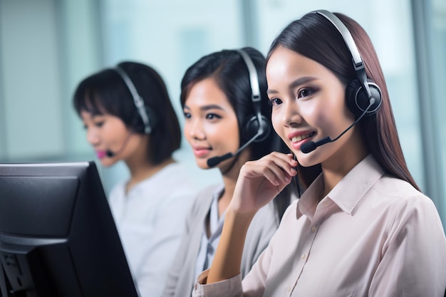 Atención al cliente asiático o operadores de centros de llamadas con auriculares que trabajan en la oficina IA generativa