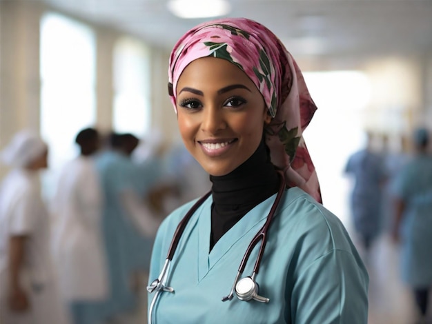 Atención médica compasiva en una foto en 4K como una enfermera con hijab