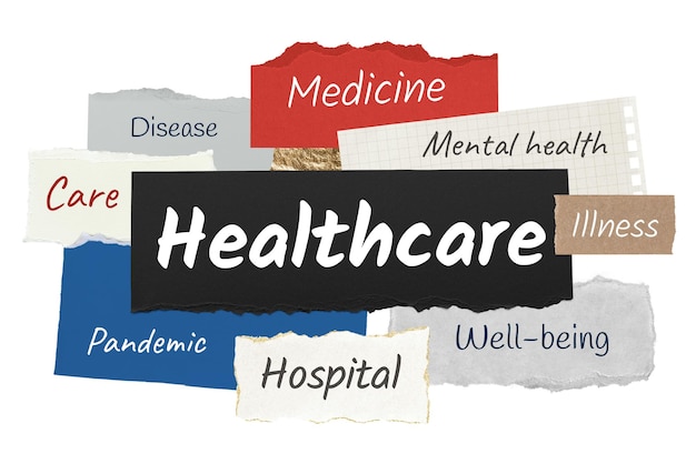 Atención médica png pegatina de palabras tipografía papel rasgado fondo transparente
