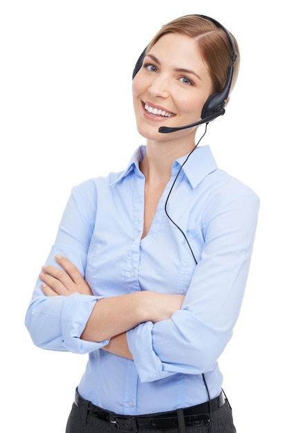 Atendimento ao cliente de retrato e mulher no call center no estúdio isolado em um fundo branco Rosto entre em contato conosco e sorria de consultora de trabalhador de telemarketing feminino feliz ou agente de vendas do Canadá