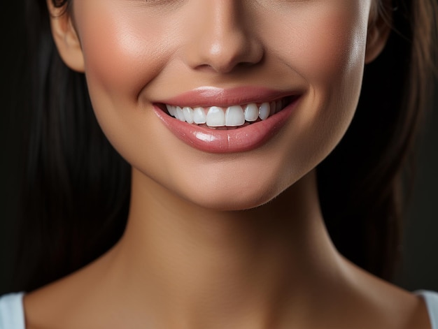 Atendimento odontológico lindo sorriso de mulher saudável dentes brancos close-up dentista clareamento dental