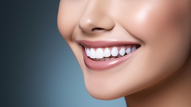 Atendimento odontológico lindo sorriso largo de mulher saudável dentes brancos coloseup dentista clareamento dental