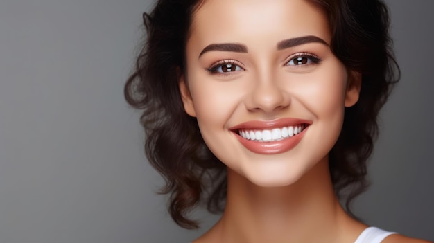 Atendimento odontológico lindo sorriso largo de mulher saudável dentes brancos coloseup dentista clareamento dental