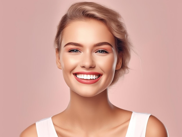 Atendimento odontológico lindo sorriso largo de mulher saudável dentes brancos coloseup dentista clareamento dental