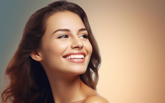 Atendimento odontológico lindo sorriso largo de uma mulher saudável com dentes brancos fechando o clareamento dental do dentista