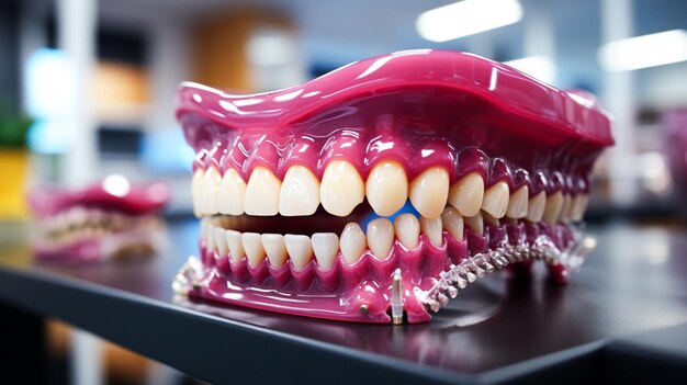 Foto atendimento odontológico saudável com dentes artificiais e equipamentos protéticos