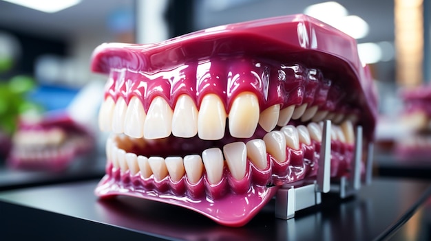 Atendimento odontológico saudável com dentes artificiais e equipamentos protéticos