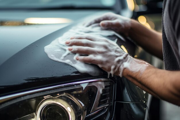 Atento Homem lavando farol de carro com close-up de trapo Gerar Ai