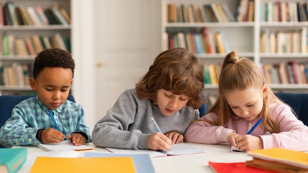 Atentos escolares multirraciales niños y niñas prueba de escritura sentados en el escritorio en el aula de primaria