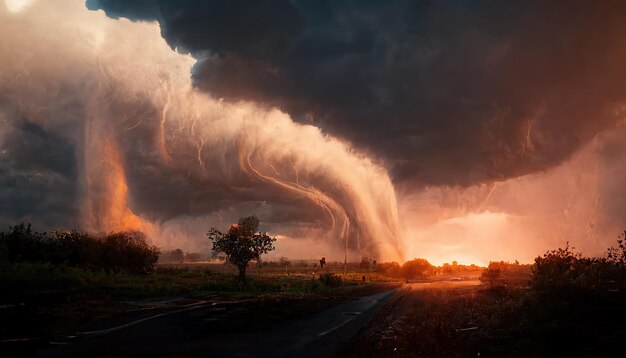 Aterrador pilar de tornado en el campo en la tarde de primavera