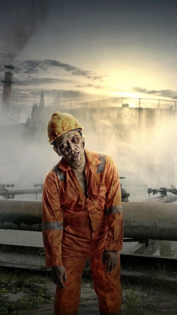 Un aterrador zombie trabajador de la construcción con sangre y heridas en su cuerpo está caminando sobre una fábrica abandonada. Concepto de Halloween zombie aterrador.