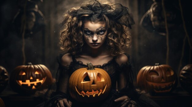 Aterradora escena de Halloween fondo de imagen aterradora La bruja con las calabazas generada por IA