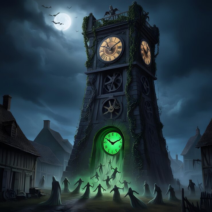 una aterradora torre del reloj con un resplandor verde en la oscuridad