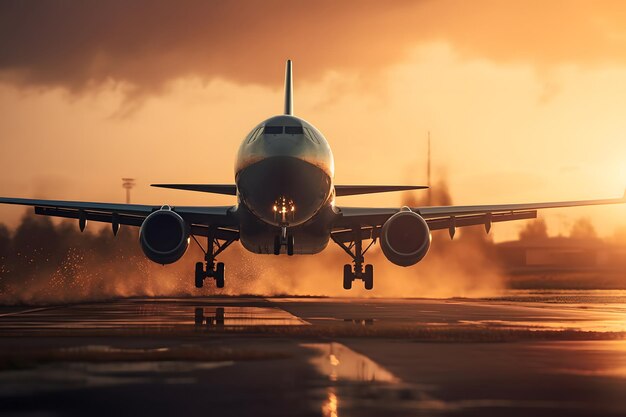 Foto aterragem de avião ao pôr-do-sol ia generativa