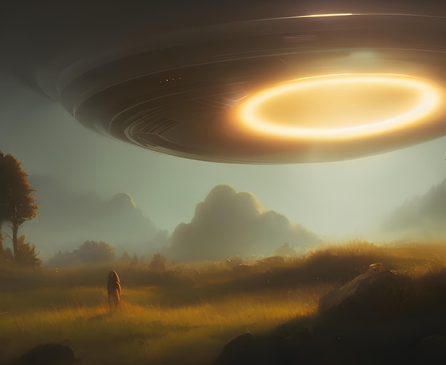 Aterrissagem de OVNI, ufo no chão, atmosfera escura