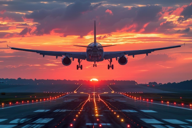 Foto aterrizaje al atardecer en el aeropuerto de zaventem de bruselas