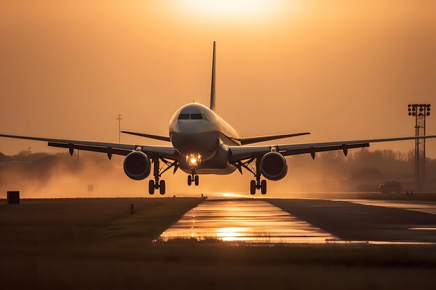 Foto aterrizaje del avión al atardecer ia generativa