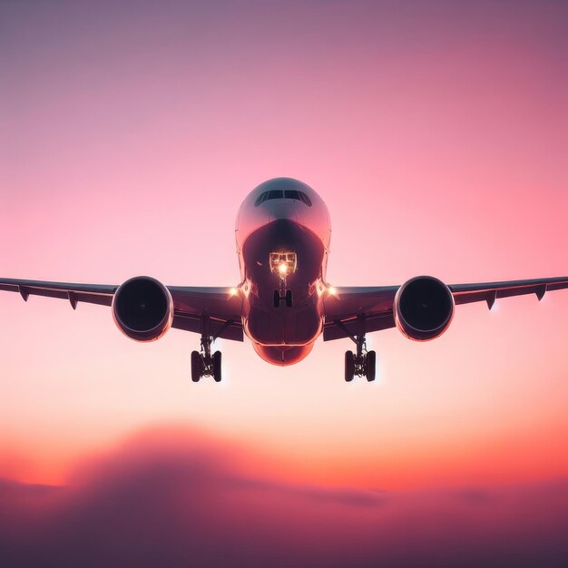 aterrizaje del avión al atardecer