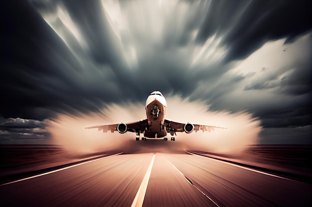 Foto aterrizaje controlado en la pista con fondo borroso de nubes que pasan