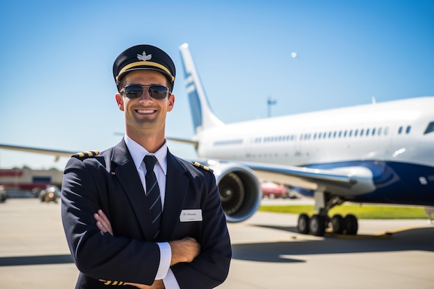 Foto aterrizaje suave hombre adulto caucásico con gorra de pie cerca del avión foto de stock