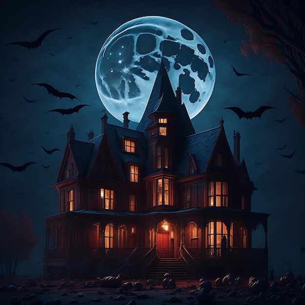 Aterrorizante casa de Halloween na calada da noite