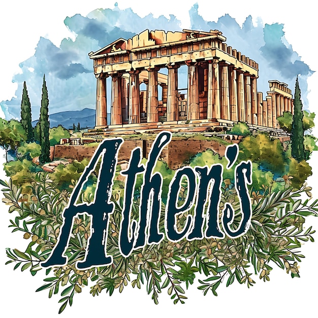 Athener Text mit altgriechisch inspiriertem Typografie-Design in der Aquarell-Landschaftskunst-Sammlung