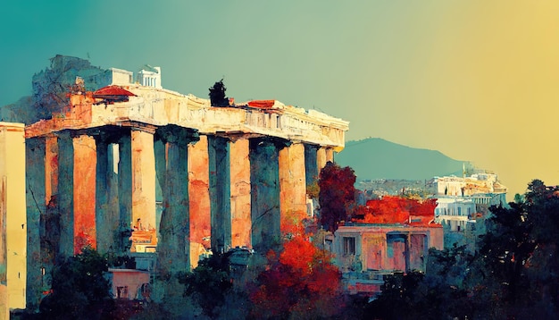 Athener Wahrzeichen athenische Tempel und Straßen Malerei Illustration
